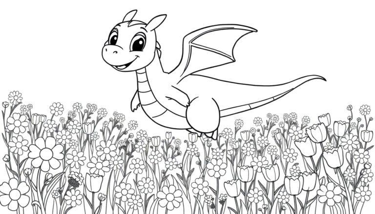 Schwarz-weiße Farbtafel eines niedlichen Cartoon-Drachen, der über einer Blumenwiese schwebt.