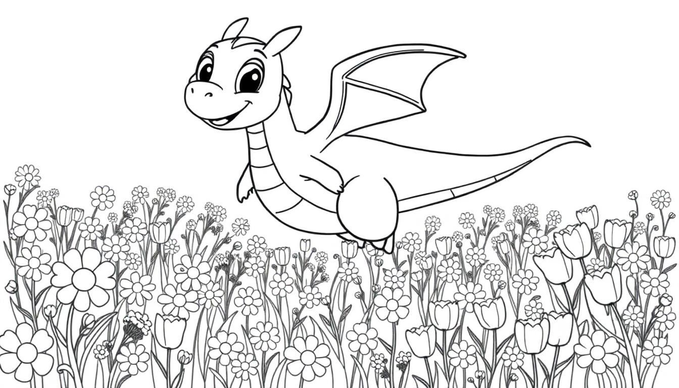 Schwarz-weiße Farbtafel eines niedlichen Cartoon-Drachen, der über einer Blumenwiese schwebt.