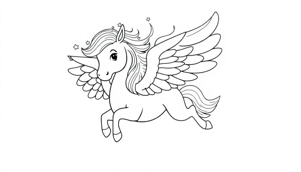 Schwarz-weiße Farbtafel eines geflügelten Pferdes (Pegasus) mit sternenbesetzter Mähne, bereit zum Abflug.