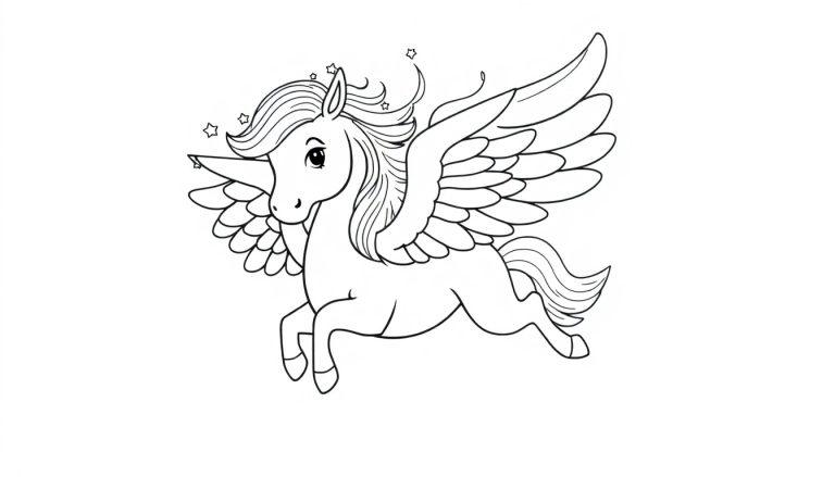 Schwarz-weiße Farbtafel eines geflügelten Pferdes (Pegasus) mit sternenbesetzter Mähne, bereit zum Abflug.