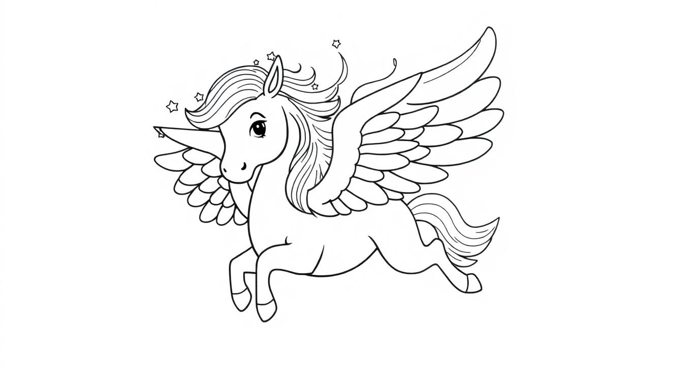 Schwarz-weiße Farbtafel eines geflügelten Pferdes (Pegasus) mit sternenbesetzter Mähne, bereit zum Abflug.