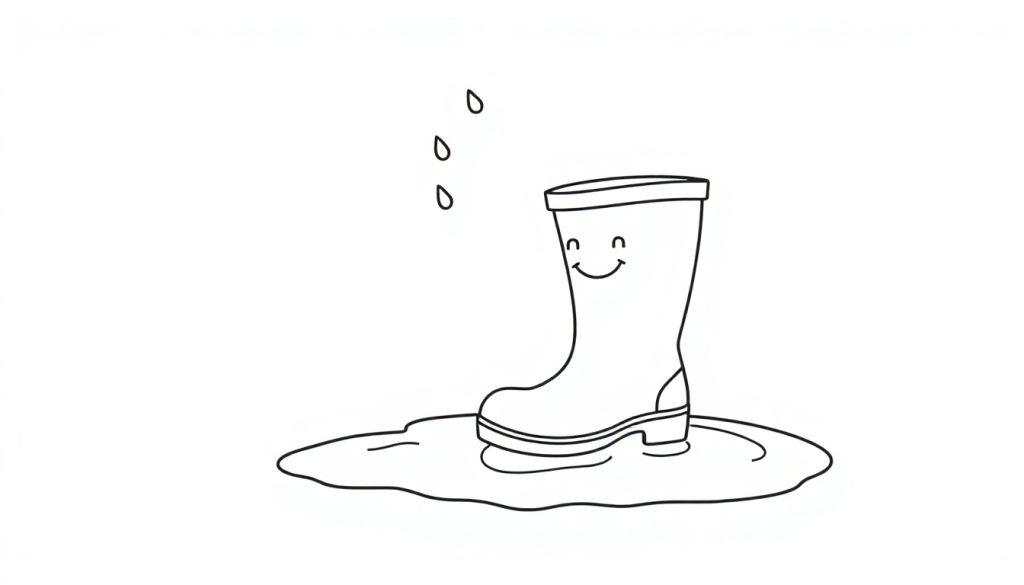 Ein fröhlicher kleiner Gummistiefel als Farbtafel zum Ausmalen in einer Pfütze mit Regentropfen.