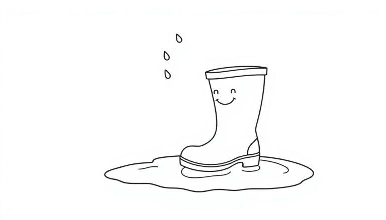 Ein fröhlicher kleiner Gummistiefel als Farbtafel zum Ausmalen in einer Pfütze mit Regentropfen.