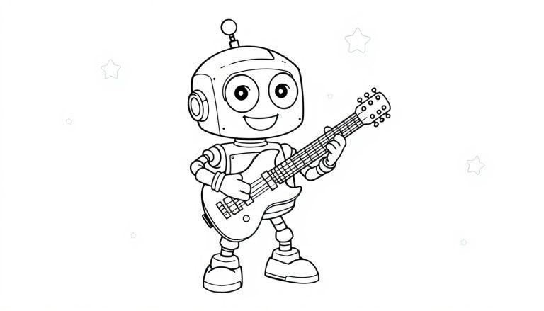 Schwarz-weiß Farbtafel eines süßen Roboters mit runden Augen und einem breiten Lächeln, der eine E-Gitarre auf einer Bühne spielt, mit Sternen im Hintergrund.