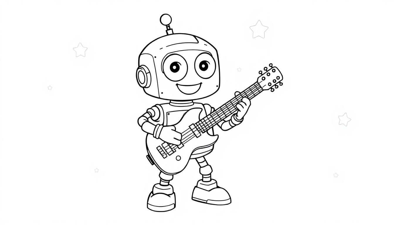 Schwarz-weiß Farbtafel eines süßen Roboters mit runden Augen und einem breiten Lächeln, der eine E-Gitarre auf einer Bühne spielt, mit Sternen im Hintergrund.