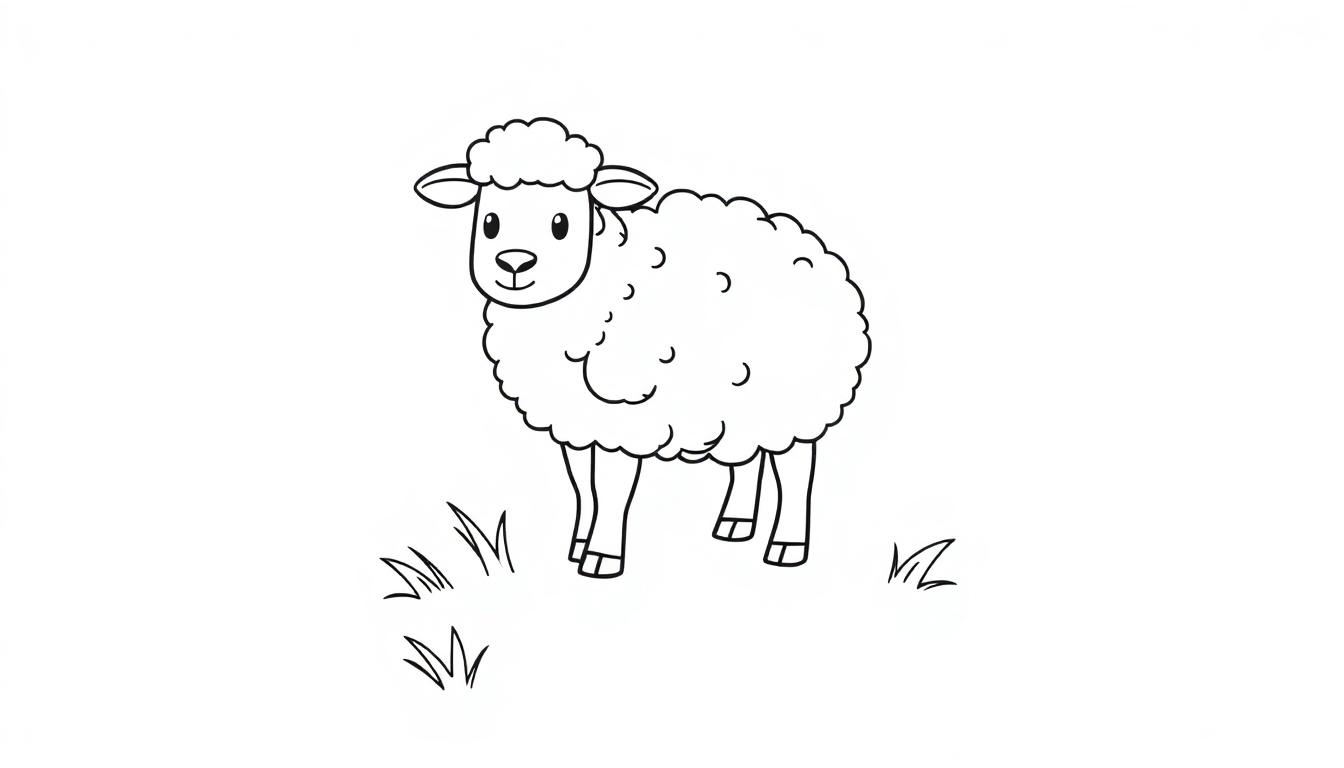 Eine niedliche Strichzeichnung eines Schafes mit lockigem Fell und großen Augen auf einer grünen Wiese, bereit zum Ausmalen als Farbtafel.