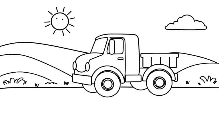 Eine schwarz-weiße Zeichnung eines Cartoon-Lastwagens auf einem Feld, bereit zum Ausmalen, mit einer sonnigen Himmel-Farbtafel.
