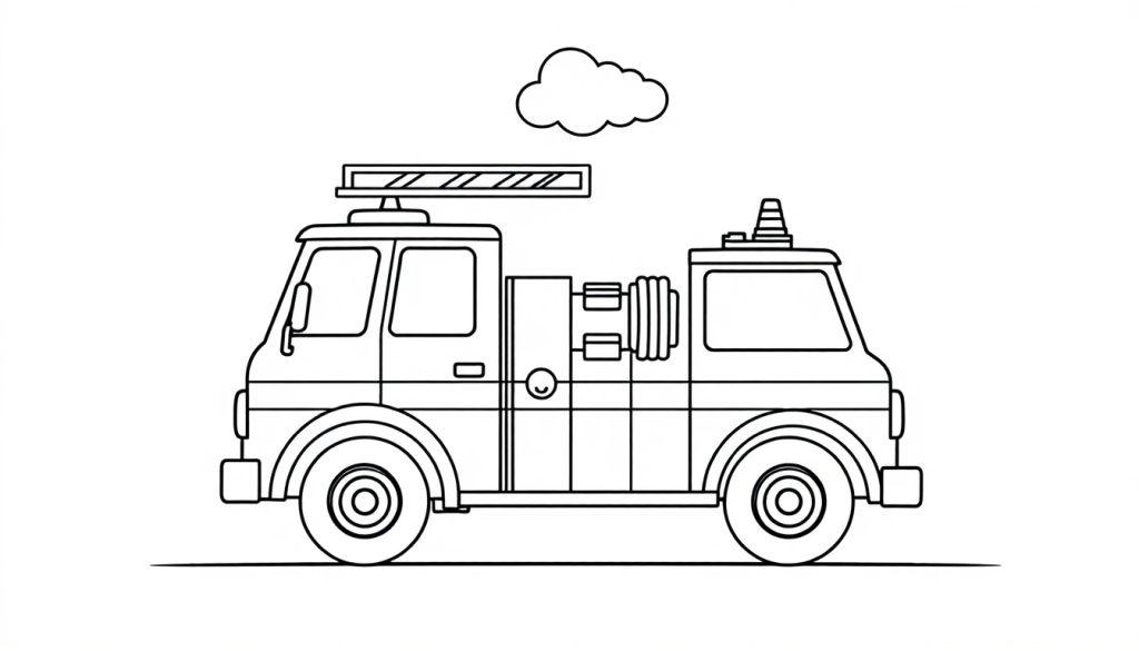 Schwarz-weiße Farbtafel eines Feuerwehrautos mit Leiter und Rädern.