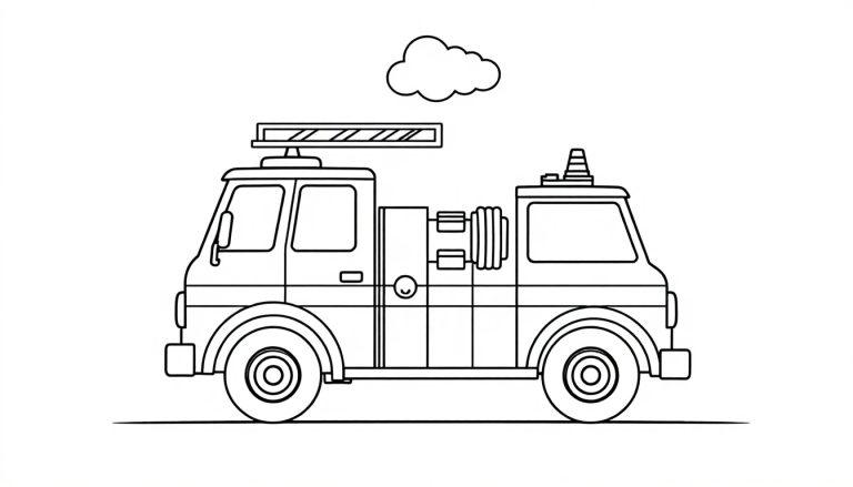 Schwarz-weiße Farbtafel eines Feuerwehrautos mit Leiter und Rädern.
