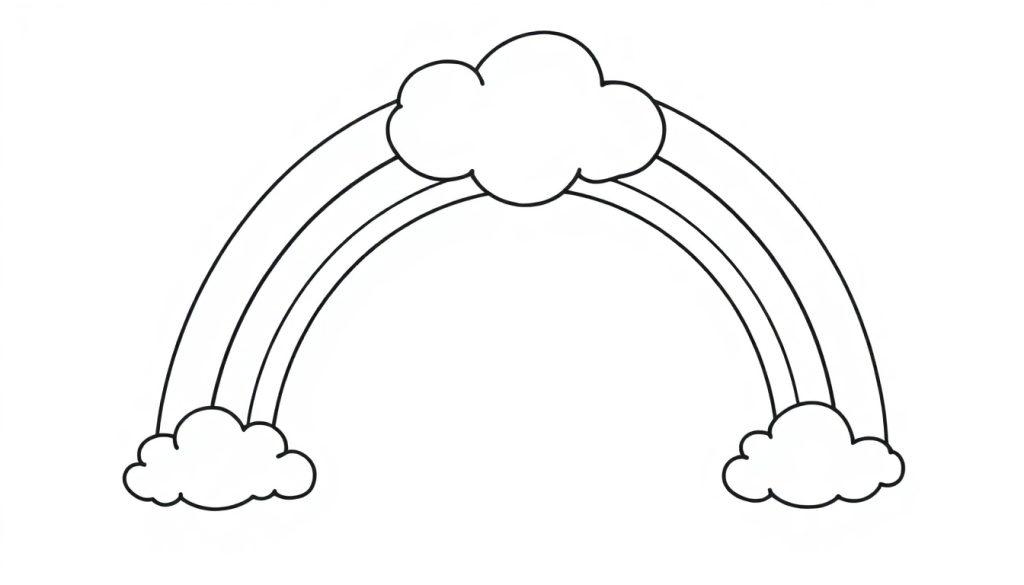 Schwarz-weiße Umrisszeichnung eines Regenbogens mit drei Bögen, der in zwei Wolken endet, mit einer weiteren Wolke darüber. Ein Regenbogen zum Ausmalen, Farbtafel.