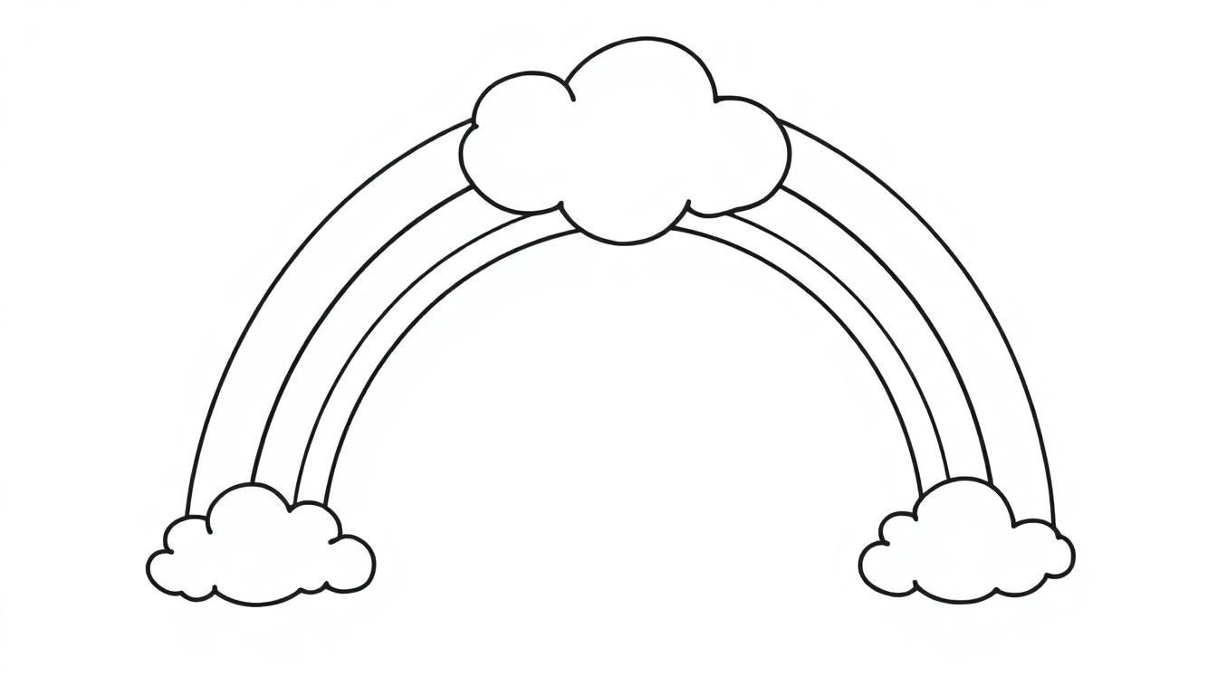 Schwarz-weiße Umrisszeichnung eines Regenbogens mit drei Bögen, der in zwei Wolken endet, mit einer weiteren Wolke darüber. Ein Regenbogen zum Ausmalen, Farbtafel.