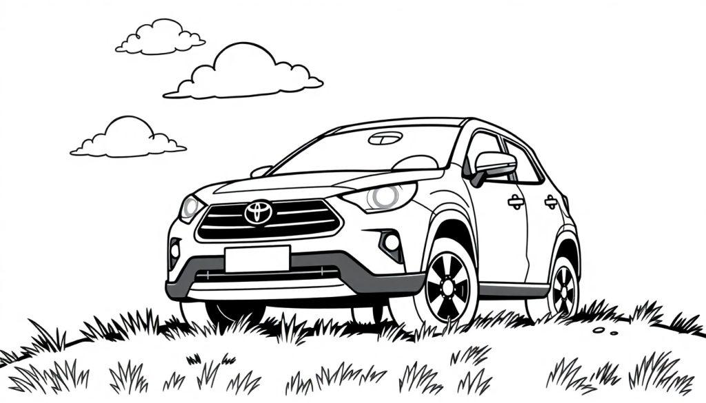 Schwarz-weiße Farbtafel eines Toyota SUVs auf einer grünen Wiese mit stilisierten Wolken am Himmel.