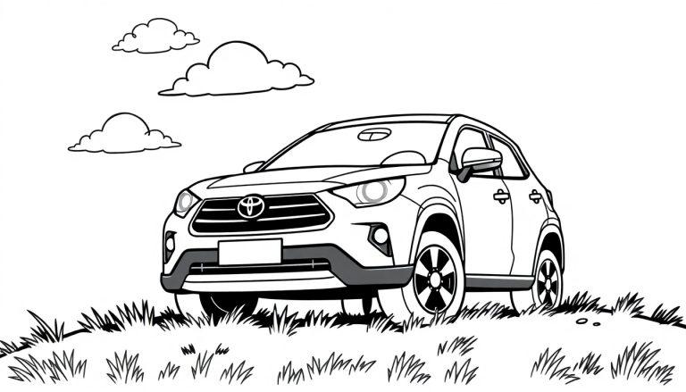 Schwarz-weiße Farbtafel eines Toyota SUVs auf einer grünen Wiese mit stilisierten Wolken am Himmel.