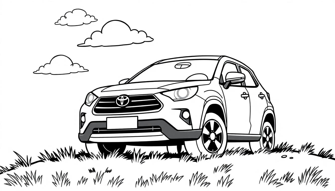 Schwarz-weiße Farbtafel eines Toyota SUVs auf einer grünen Wiese mit stilisierten Wolken am Himmel.