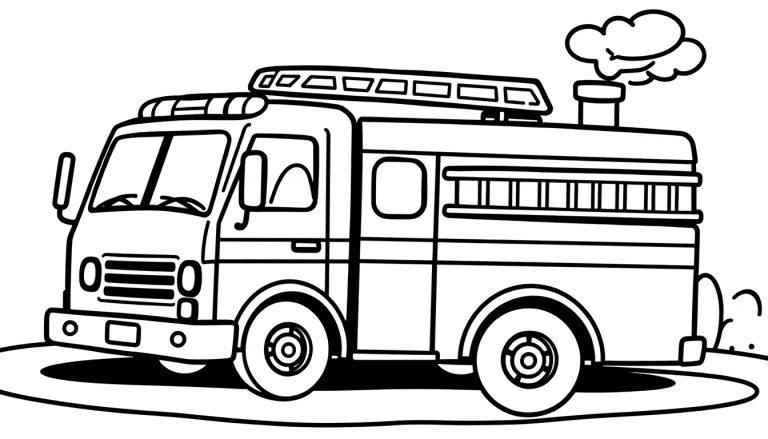 Farbtafel eines Cartoon-Feuerwehrautos mit dicken schwarzen Linien auf weißem Hintergrund, bereit zum Ausmalen.