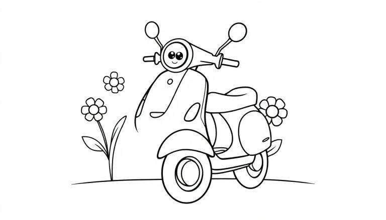 Schwarz-weiße Farbtafel-Zeichnung eines niedlichen Rollers mit Blumen.
