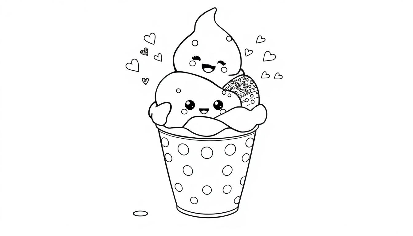 Eine kawaii Farbtafel-Zeichnung einer Eiscreme-Tasse mit zwei lächelnden Eiskugeln und Herzen.