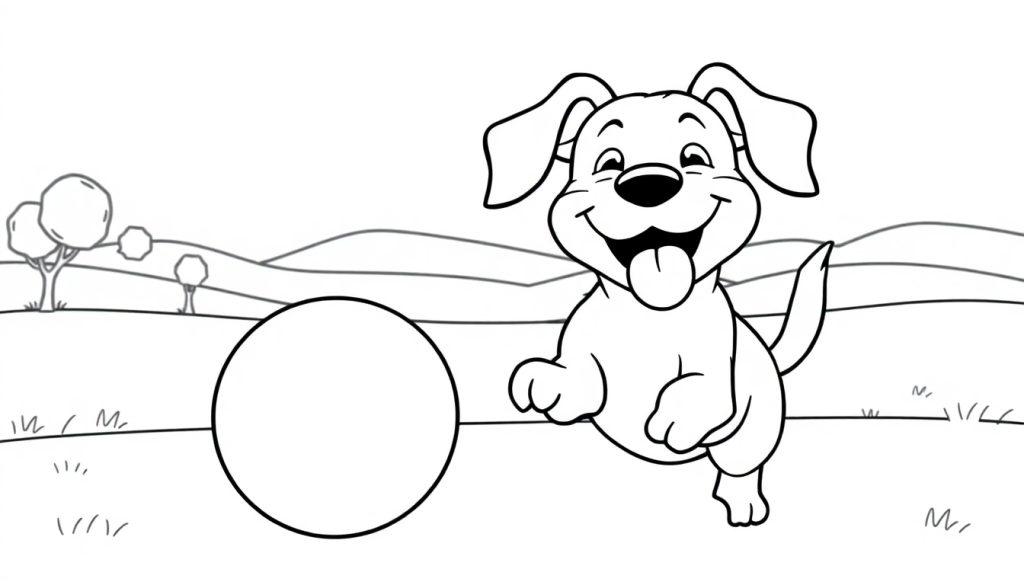 Ein lustiger Schwarz-Weiß-Hund springt nach einem Ball, eine Farbtafel zum Ausmalen.