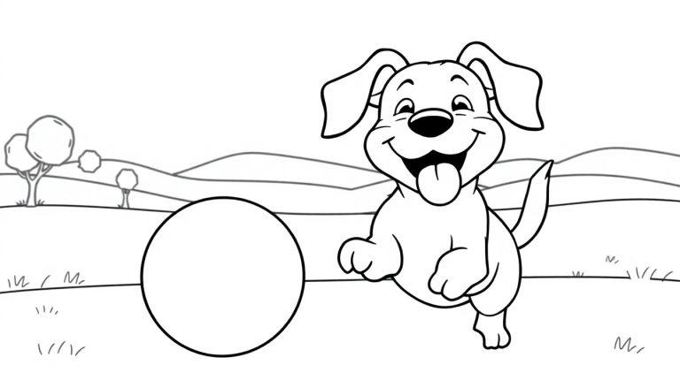 Ein lustiger Schwarz-Weiß-Hund springt nach einem Ball, eine Farbtafel zum Ausmalen.