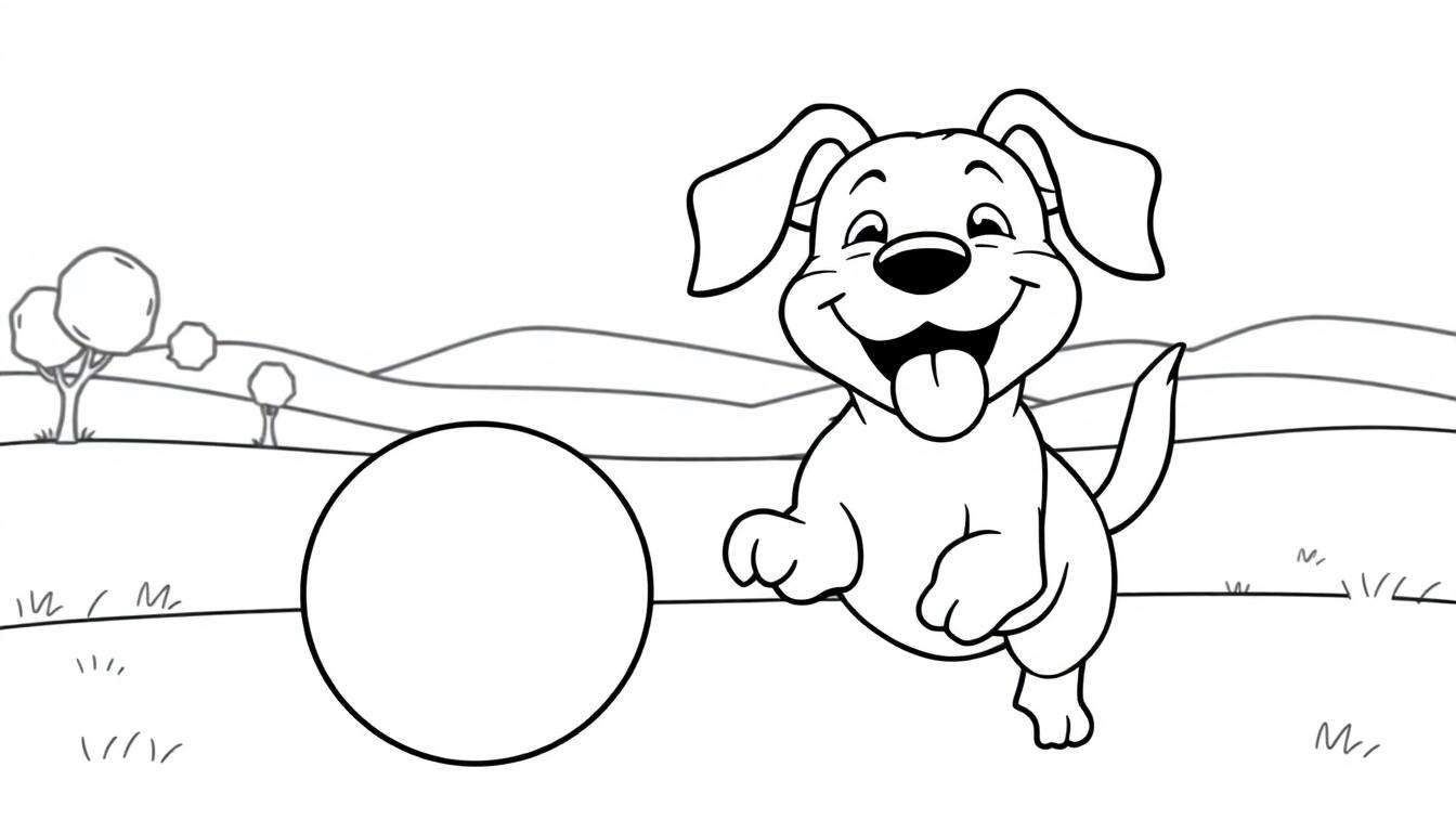 Ein lustiger Schwarz-Weiß-Hund springt nach einem Ball, eine Farbtafel zum Ausmalen.
