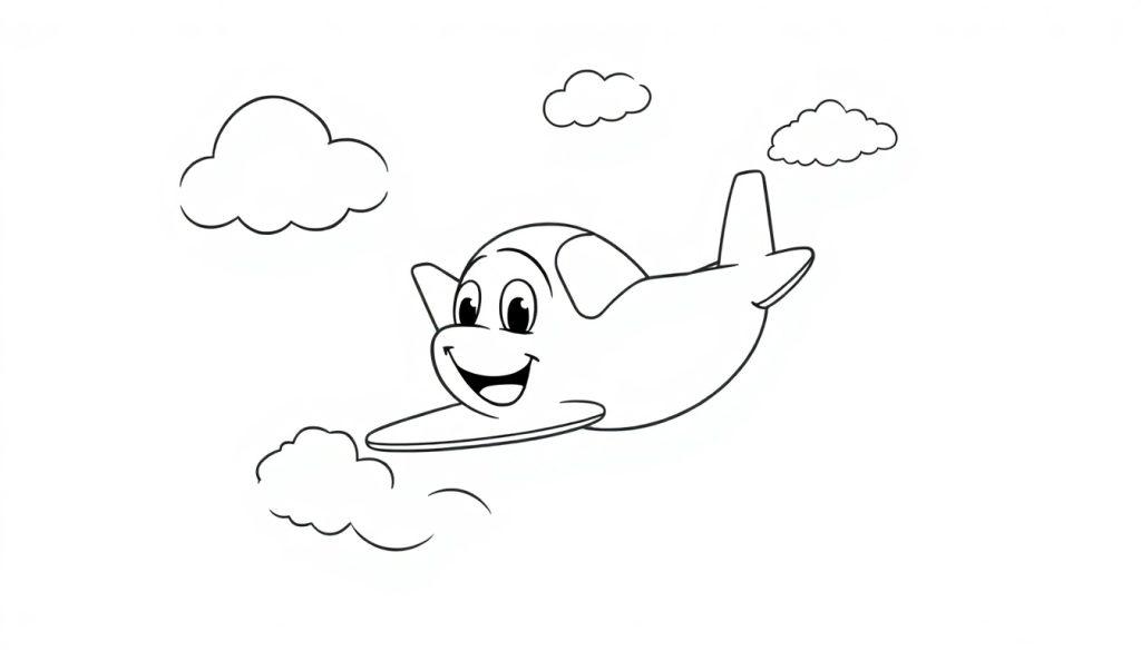 Farbtafel: Freundliches Cartoon-Flugzeug mit großen Augen und einem Lächeln fliegt durch eine bewölkte Himmelkulisse, gezeichnet in einfachen Umrissen.