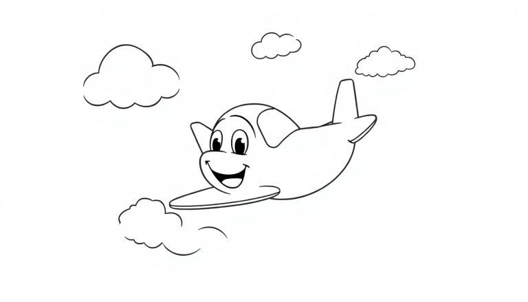 Farbtafel: Freundliches Cartoon-Flugzeug mit großen Augen und einem Lächeln fliegt durch eine bewölkte Himmelkulisse, gezeichnet in einfachen Umrissen.