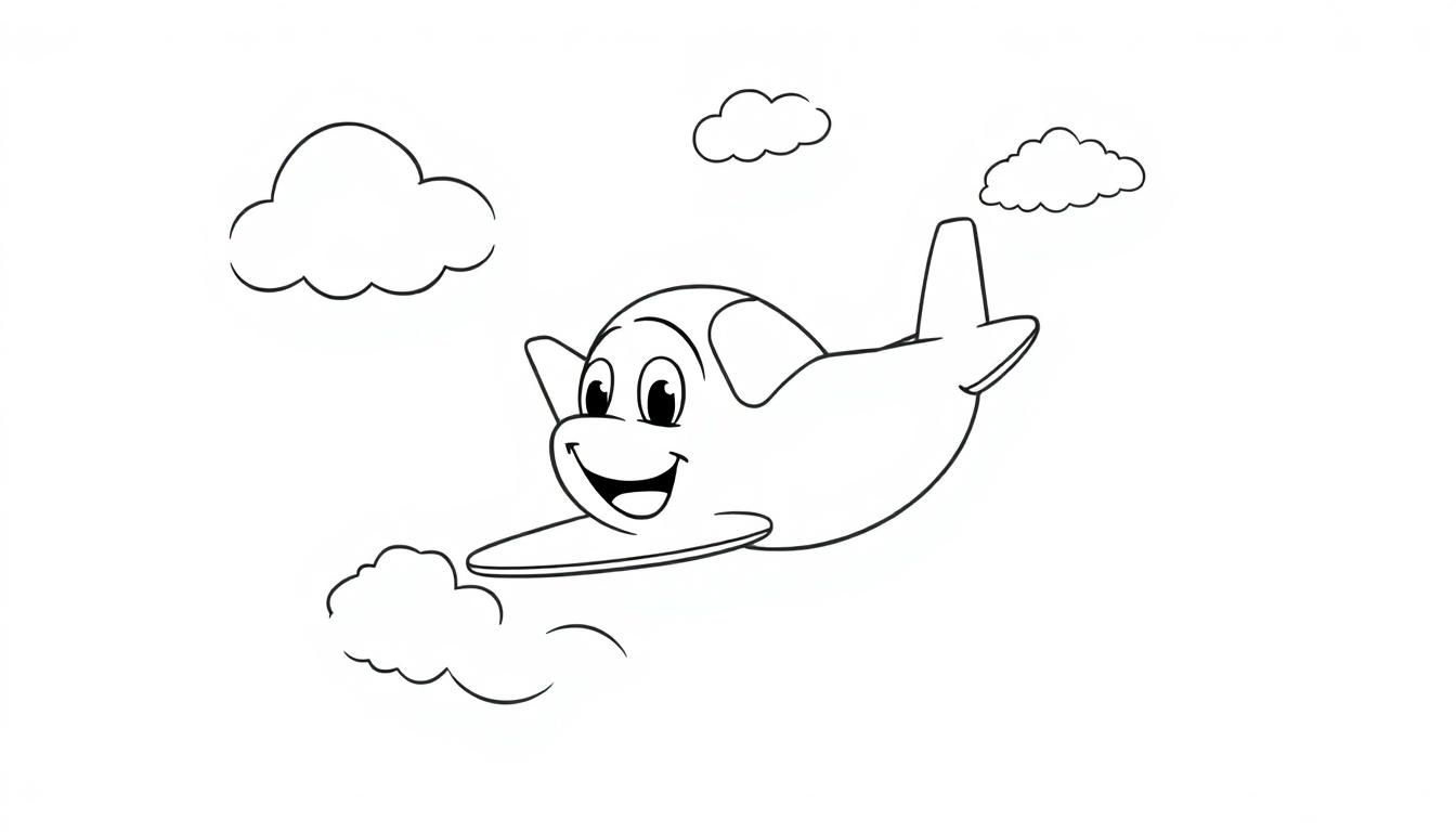 Farbtafel: Freundliches Cartoon-Flugzeug mit großen Augen und einem Lächeln fliegt durch eine bewölkte Himmelkulisse, gezeichnet in einfachen Umrissen.