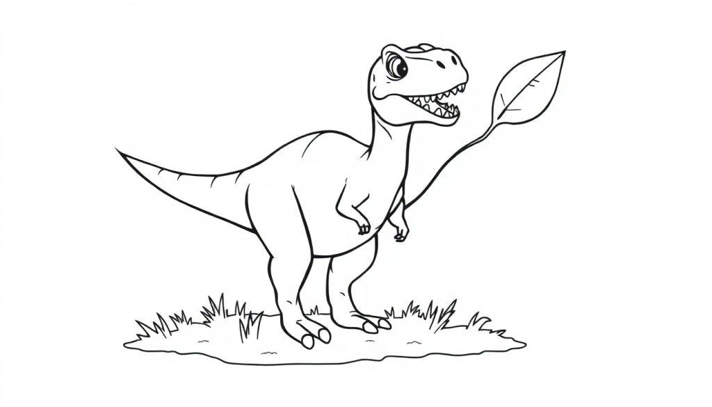 Eine Schwarz-Weiß-Farbtafel-Zeichnung eines freundlichen Tyrannosaurus Rex, der ein großes Blatt im Maul hält.