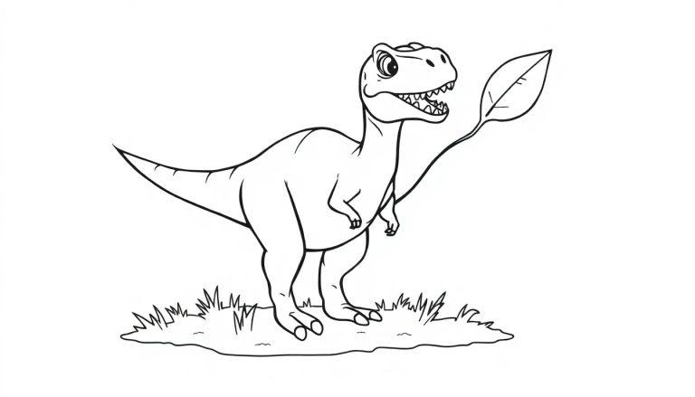Eine Schwarz-Weiß-Farbtafel-Zeichnung eines freundlichen Tyrannosaurus Rex, der ein großes Blatt im Maul hält.