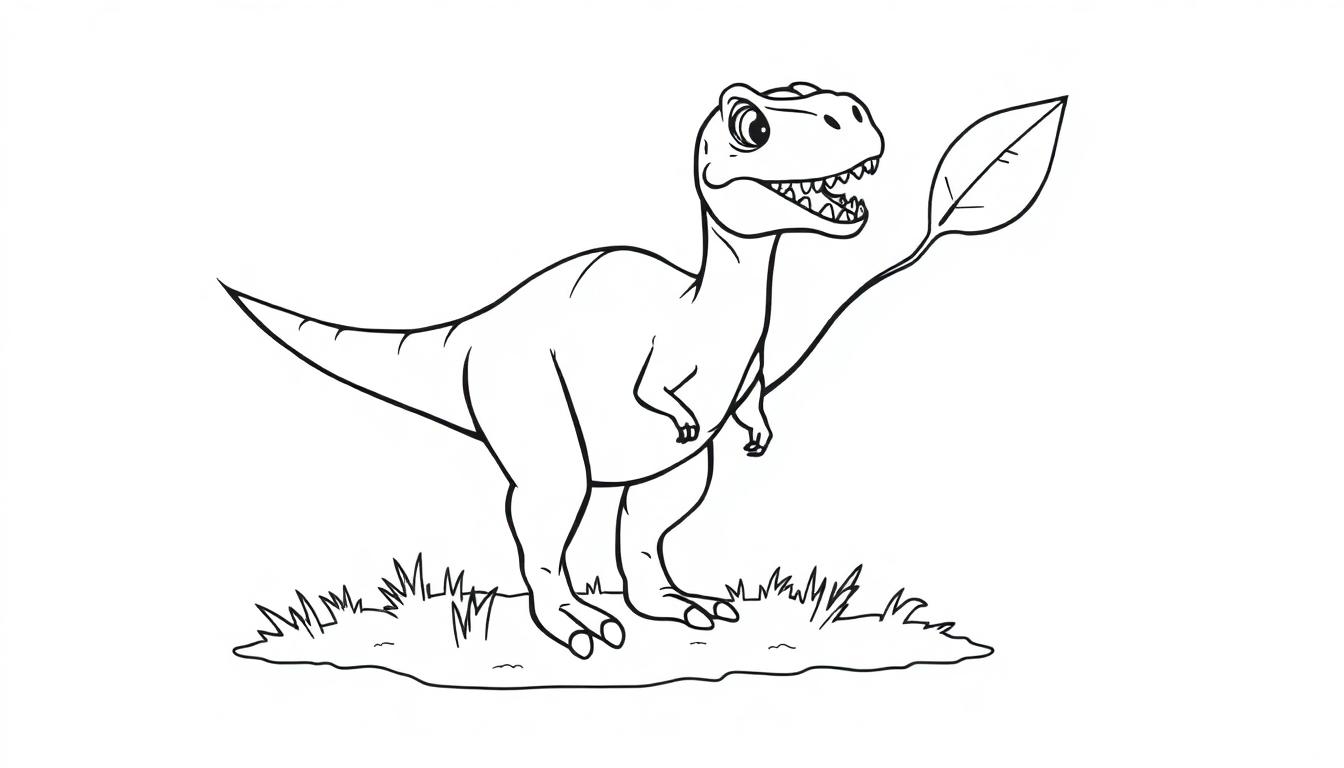 Eine Schwarz-Weiß-Farbtafel-Zeichnung eines freundlichen Tyrannosaurus Rex, der ein großes Blatt im Maul hält.