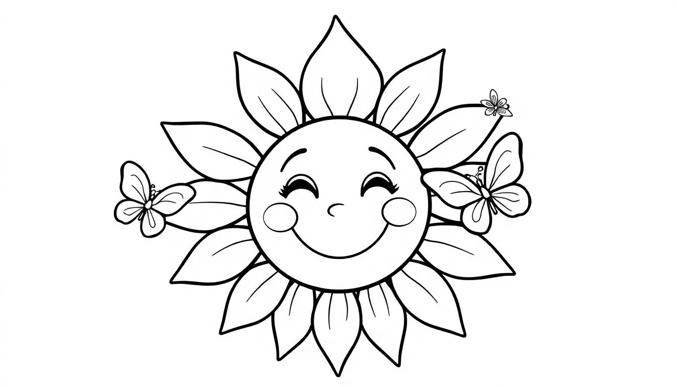 Eine fröhliche Cartoon-Sonnenblume mit strahlenden Blütenblättern und lächelndem Gesicht, umgeben von drei Schmetterlingen, bereit zum Ausmalen als Farbtafel.