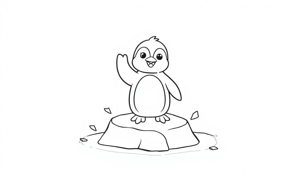 Schwarz-Weiß-Farbtafel eines freundlichen Pinguins, der auf einem Eisberg winkt.