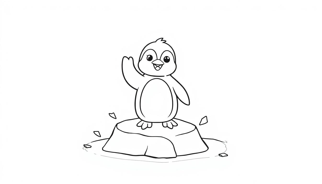 Schwarz-Weiß-Farbtafel eines freundlichen Pinguins, der auf einem Eisberg winkt.