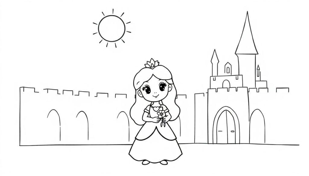 Niedliche Prinzessin mit Blumen, bereit für eine Farbtafel, vor einem stilisierten Schloss.