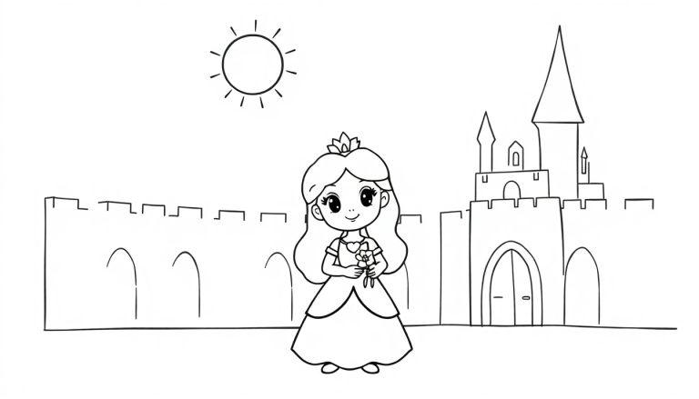 Niedliche Prinzessin mit Blumen, bereit für eine Farbtafel, vor einem stilisierten Schloss.