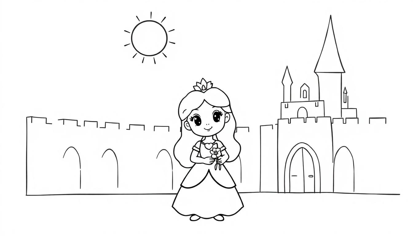 Niedliche Prinzessin mit Blumen, bereit für eine Farbtafel, vor einem stilisierten Schloss.