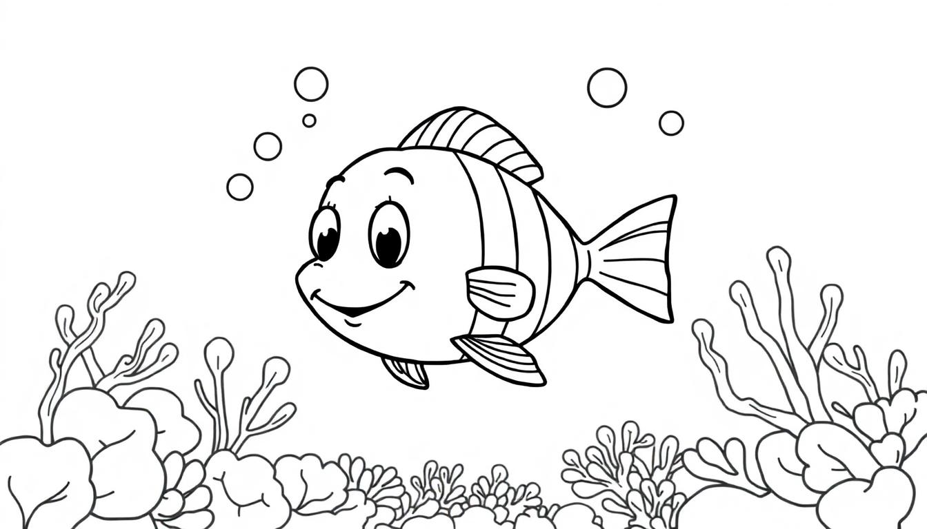 Eine Schwarz-Weiß-Farbtafel-Zeichnung eines fröhlichen Cartoon-Fisches mit großen Augen und einem lächelnden Gesicht, umgeben von Unterwasserpflanzen und Blasen.