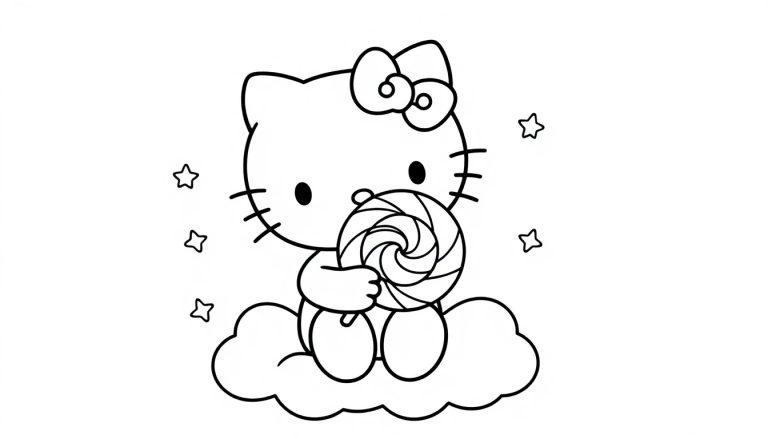 Schwarz-weiße Farbtafel von Hello Kitty, die auf einer Wolke sitzt und einen Lolli hält, mit Sternen drumherum.