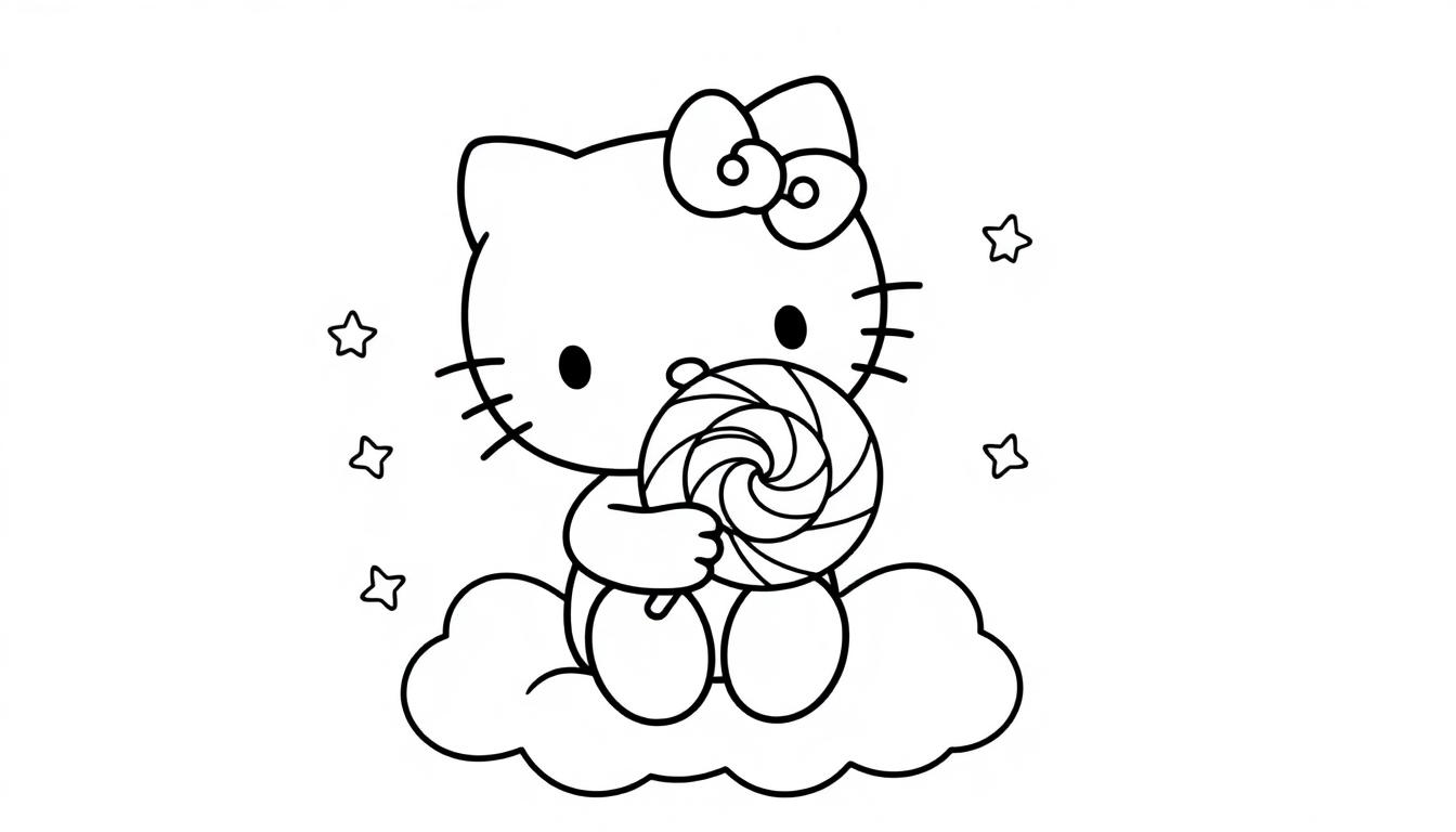 Schwarz-weiße Farbtafel von Hello Kitty, die auf einer Wolke sitzt und einen Lolli hält, mit Sternen drumherum.