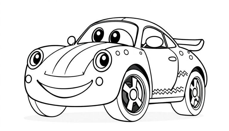 Eine schwarz-weiße Cartoon-Farbtafel eines Rennwagens mit großen Augen und einem Lächeln.