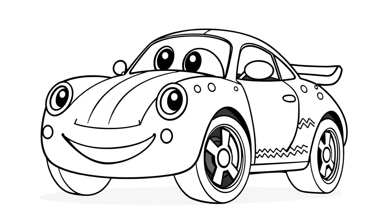 Eine schwarz-weiße Cartoon-Farbtafel eines Rennwagens mit großen Augen und einem Lächeln.