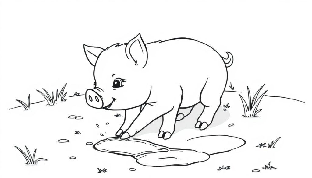 Schwarz-Weiß-Farbtafel-Zeichnung eines glücklichen Schweins, das im Schlamm spielt.