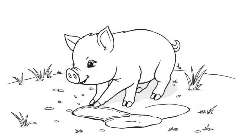 Schwarz-Weiß-Farbtafel-Zeichnung eines glücklichen Schweins, das im Schlamm spielt.