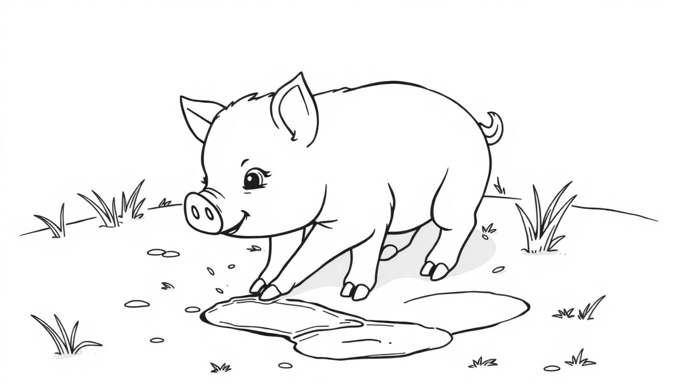 Schwarz-Weiß-Farbtafel-Zeichnung eines glücklichen Schweins, das im Schlamm spielt.
