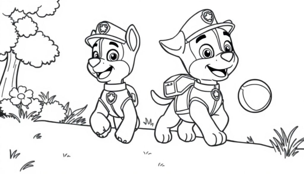 Schwarz-Weiß-Farbtafel von Chase und Marshall von Paw Patrol, die auf einer Wiese mit Bällen und Hindernissen spielen.