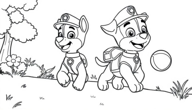 Schwarz-Weiß-Farbtafel von Chase und Marshall von Paw Patrol, die auf einer Wiese mit Bällen und Hindernissen spielen.