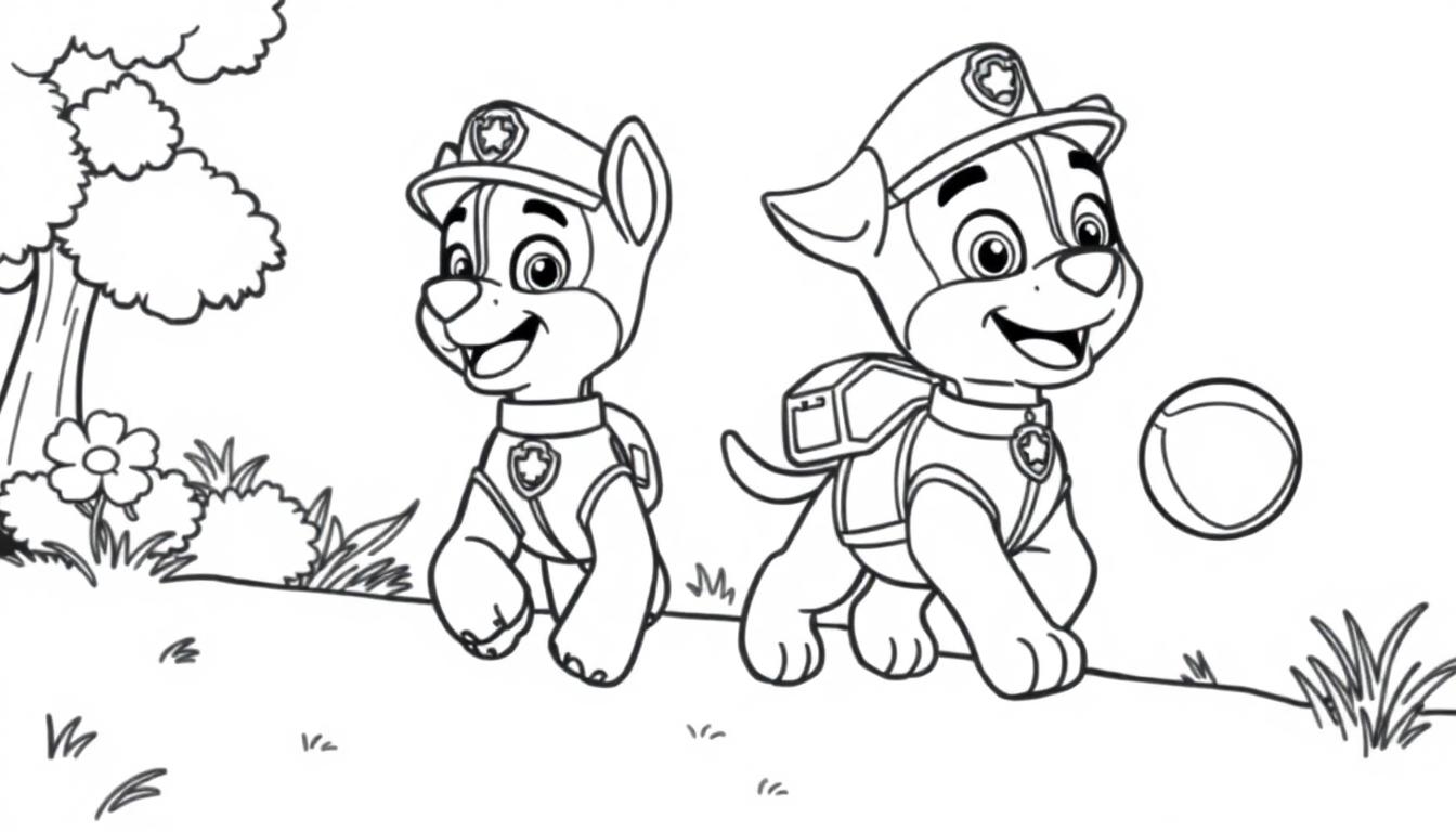 Schwarz-Weiß-Farbtafel von Chase und Marshall von Paw Patrol, die auf einer Wiese mit Bällen und Hindernissen spielen.