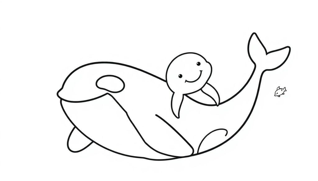 Schwarz-weiße Farbtafel eines freundlichen Orcas mit einem Delfin auf dem Rücken und einem kleinen Fisch daneben.