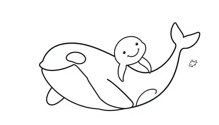 Schwarz-weiße Farbtafel eines freundlichen Orcas mit einem Delfin auf dem Rücken und einem kleinen Fisch daneben.