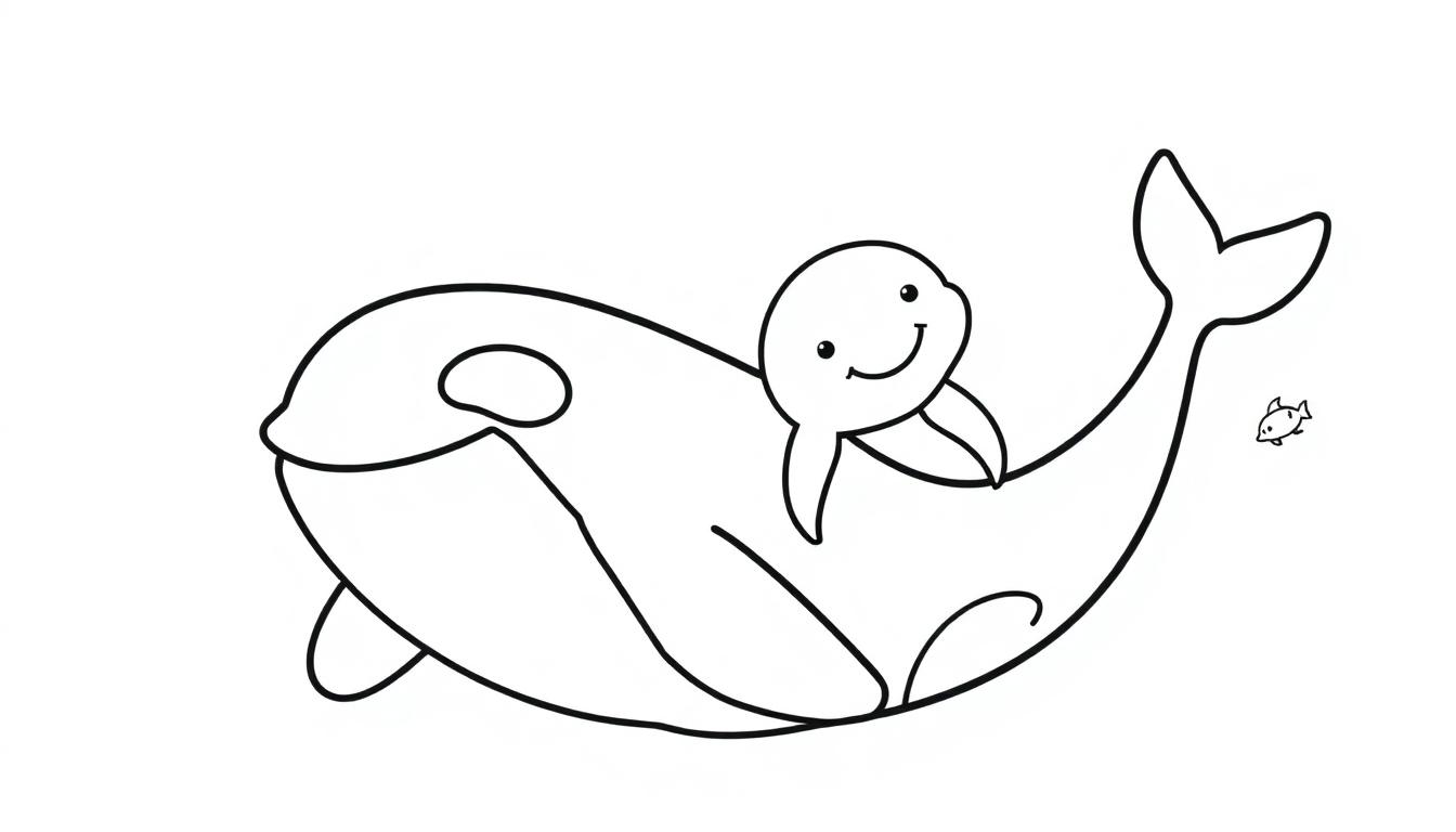 Schwarz-weiße Farbtafel eines freundlichen Orcas mit einem Delfin auf dem Rücken und einem kleinen Fisch daneben.